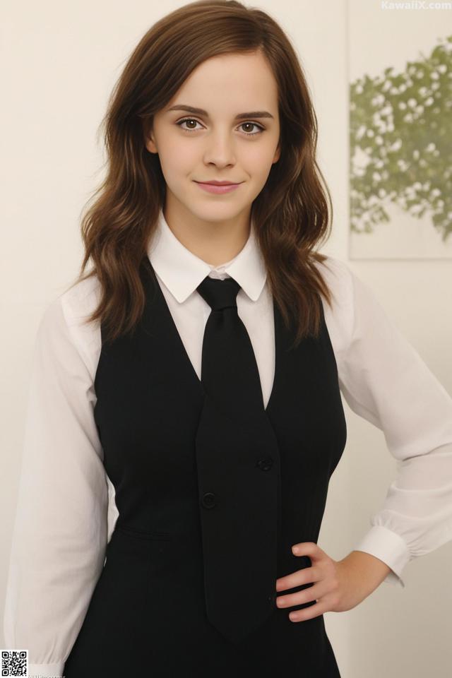 A woman in a black vest and white shirt posing for a picture.