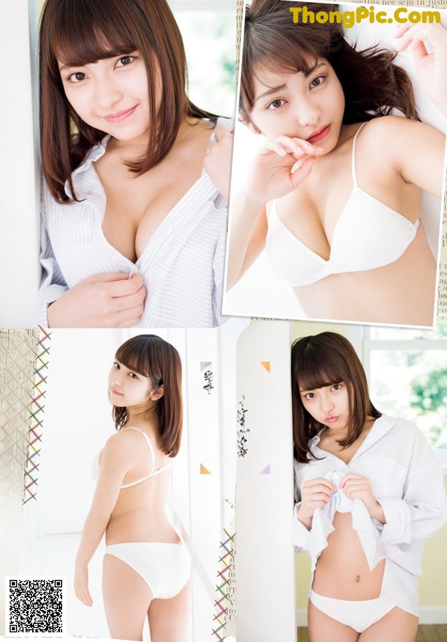 A woman in a white shirt and white panties posing for a picture.