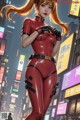 A woman in a red latex outfit standing in the middle of a city.