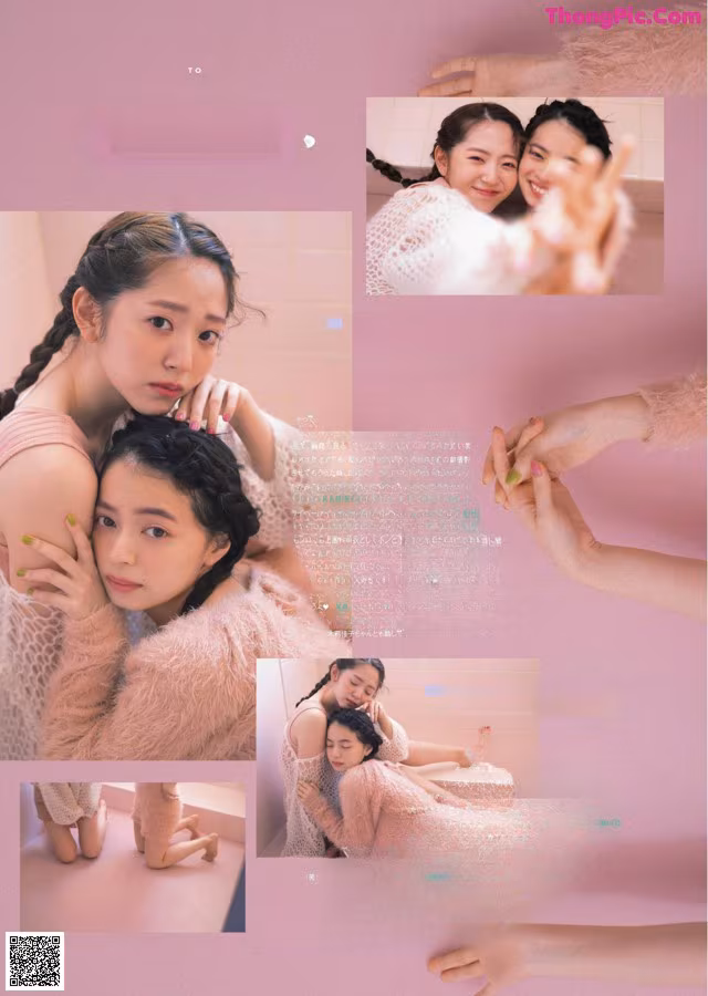 A magazine spread with a picture of two women hugging each other.