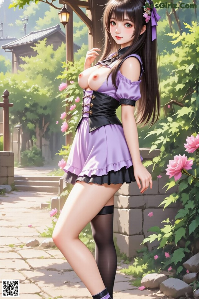 A woman in a purple dress and black stockings posing for a picture.