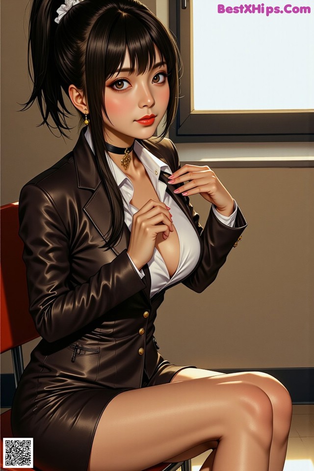 A woman in a business suit sitting on a chair.