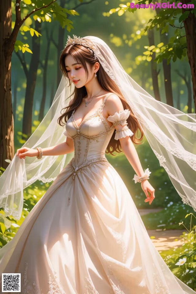 A woman in a wedding dress walking through a forest.