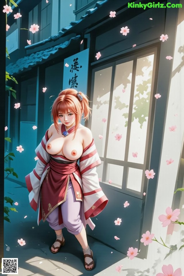 A woman in traditional attire stands outside a building with cherry blossoms.